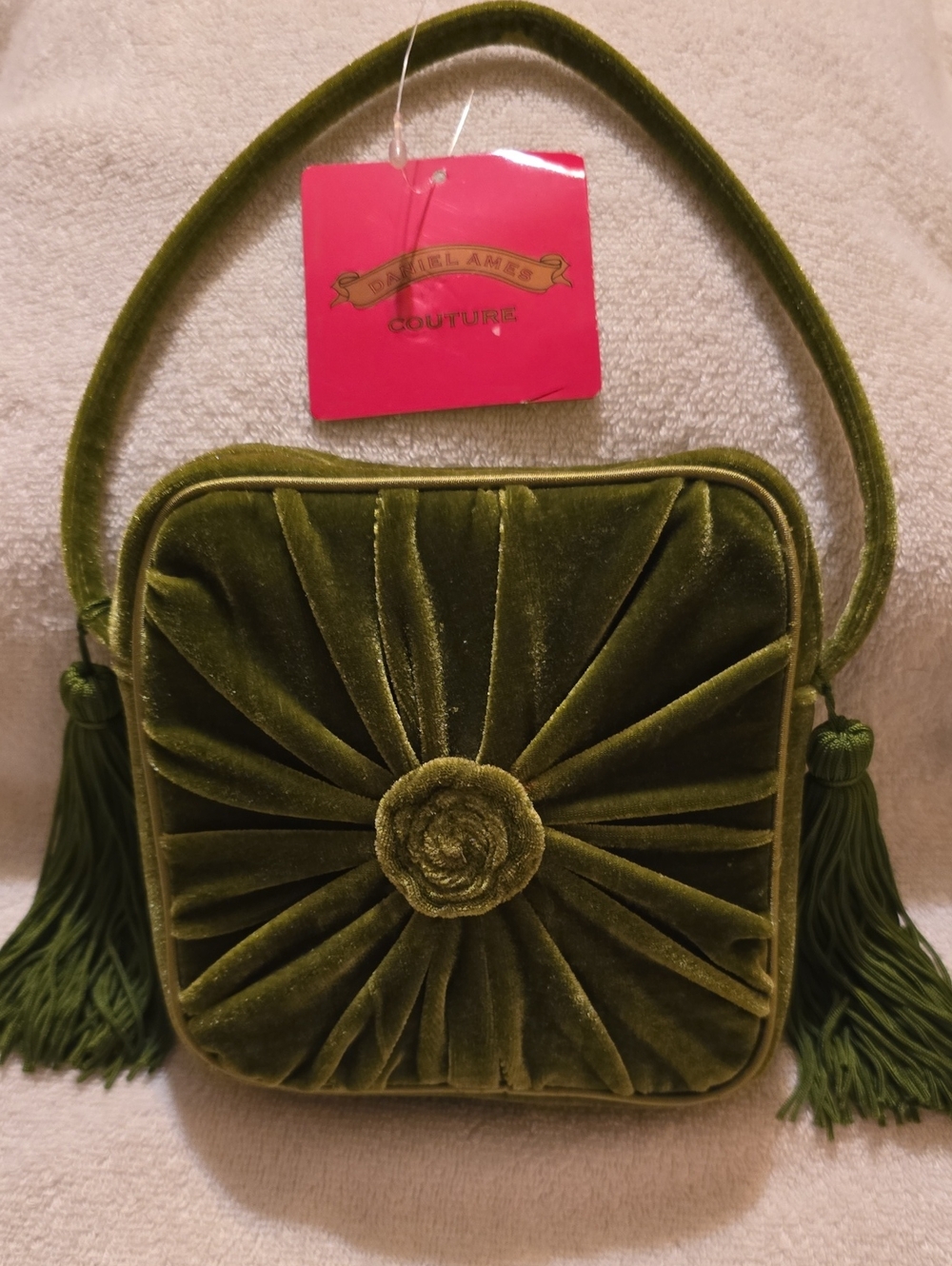 Daniel Ames Couture Green Velvet Evening Bag Pleated Sunburst Tassel Purse NWT
